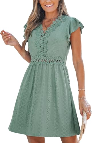 Summer Dress for Women Casual Spring V Neck Lace Appliques Cap Sleeves Hollow Out Beach Mini Dress