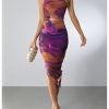 Women's Tie Dye Cowl Neck Split Hem Bodycon Cami Dress Backless Long Dresses