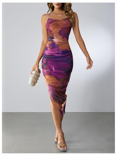 Women's Tie Dye Cowl Neck Split Hem Bodycon Cami Dress Backless Long Dresses