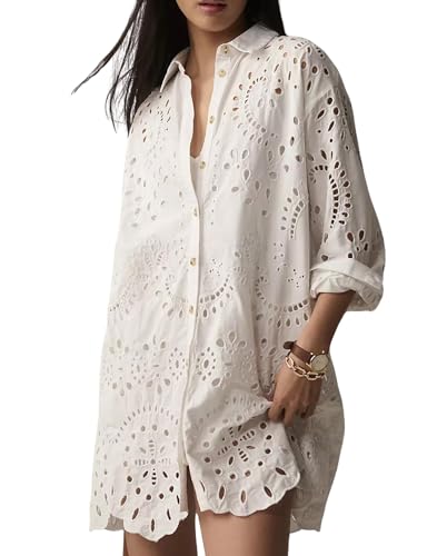 Women Eyelet Lace Dress Button Down Shirt Loose Fit Summer Casual Mini Dress