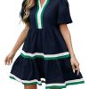 Womens Puff Sleeve Babydoll Dress V Neck Navy Blue Striped Color Block Tiered Mini Dresses