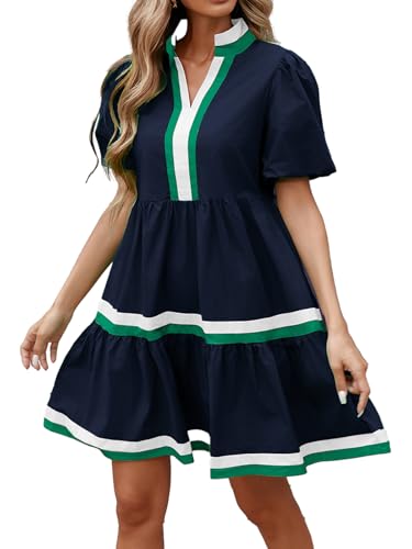 Womens Puff Sleeve Babydoll Dress V Neck Navy Blue Striped Color Block Tiered Mini Dresses