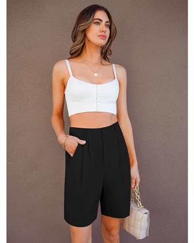 Bermuda Shorts for Women Dressy Casual High Waisted Summer Work Elastic Waist Pleated Dress Shorts with Pockets