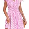 Women's Mini Dress V Neck Flutter Sleeve Striped Smocked Waist A Line Short Summer Cocktail Dress