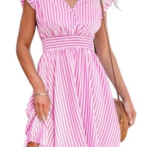 Women's Mini Dress V Neck Flutter Sleeve Striped Smocked Waist A Line Short Summer Cocktail Dress