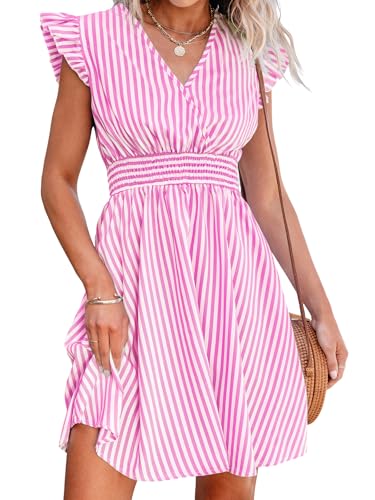 Women's Mini Dress V Neck Flutter Sleeve Striped Smocked Waist A Line Short Summer Cocktail Dress