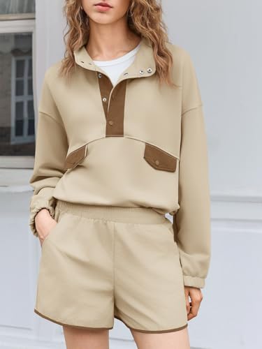Womens 2 Piece Sets Sweatsuits Casual Half Button Color Block Sweatshirts Running Shorts Tracksuits Fall Outfits