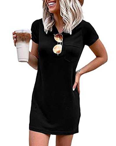 Women T Shirt Dress Summer Fashion Mini Dress Crew Neck Short Sleeve Dress Solid Color Casual Dress with Pocket