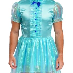 Womens Shiny Satin Maid Dress Short Puff Sleeve Frilly A-line Mini Dress Cosplay Costume
