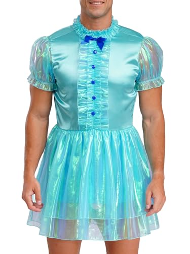 Womens Shiny Satin Maid Dress Short Puff Sleeve Frilly A-line Mini Dress Cosplay Costume