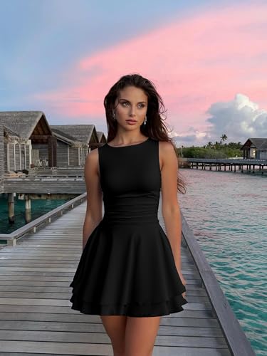 Women's Ruffle Hem Boat Neck Mini Dress Sleeveless Ruched Corset Short Party Dresses