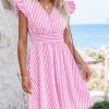 Women's Mini Dress V Neck Flutter Sleeve Striped Smocked Waist A Line Short Summer Cocktail Dress