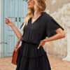 Womens Spring Summer 2025 Short Sleeve Split V Neck Ruffle Chiffon Elegant Mini Short Skirt Dresses