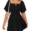 Women's Summer Dresses Square Neck Casual Short Sleeves Crossover Elastic Waist Party Mini Dress