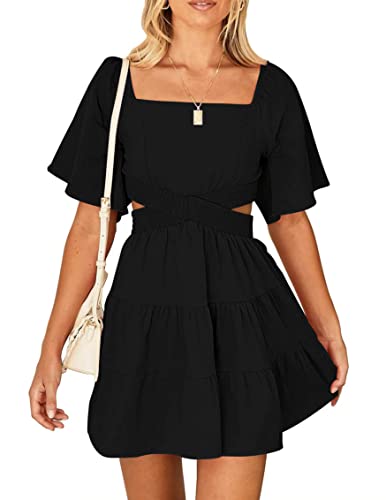 Women's Summer Dresses Square Neck Casual Short Sleeves Crossover Elastic Waist Party Mini Dress