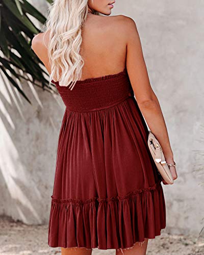 Women's Summer Cotton Boho Beach Sleeveless Tie Front Mini Dress Tube Top Dress