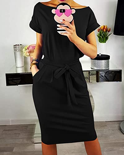 Women's Summer Short Sleeve Crewneck Striped Dress Basic Solid Tie Waist Office T Shirt Dresses Pockets