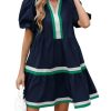 Womens Puff Sleeve Babydoll Dress V Neck Navy Blue Striped Color Block Tiered Mini Dresses