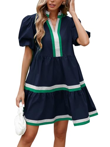 Womens Puff Sleeve Babydoll Dress V Neck Navy Blue Striped Color Block Tiered Mini Dresses