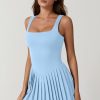 Womens Square Neck Tennis Dress Pleated Sleeveless Built in Shorts Golf Athletic Dress with Pockets