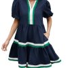 Womens Puff Sleeve Babydoll Dress V Neck Navy Blue Striped Color Block Tiered Mini Dresses