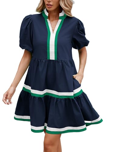 Womens Puff Sleeve Babydoll Dress V Neck Navy Blue Striped Color Block Tiered Mini Dresses
