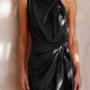 Women's Short Formal Satin Dress Summer Sleeveless Mock Neck Tie Waist Cocktail Party Dresses