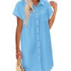Women's Summer Dress 2025 Cotton Button Down Short Sleeve Tshirt Dresses Casual Flowy V Neck Loose Mini Beach Dress