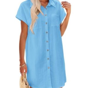 Women's Summer Dress 2025 Cotton Button Down Short Sleeve Tshirt Dresses Casual Flowy V Neck Loose Mini Beach Dress