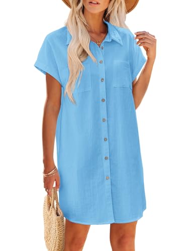 Women's Summer Dress 2025 Cotton Button Down Short Sleeve Tshirt Dresses Casual Flowy V Neck Loose Mini Beach Dress