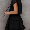 Womens Spring Summer 2025 Short Sleeve Split V Neck Ruffle Chiffon Elegant Mini Short Skirt Dresses