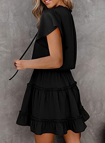 Womens Spring Summer 2025 Short Sleeve Split V Neck Ruffle Chiffon Elegant Mini Short Skirt Dresses