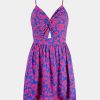 Women's Mini Dress Floral Twisted V Neck Sleeveless Short Dress Pleated Self Tie Back Mini Dress