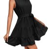 Women's Ruched Trim Crewneck Sleeveless Tie Knot High Waist Ruffle Layered Short Dress