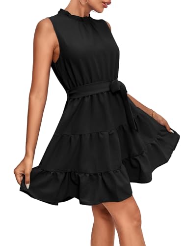 Women's Ruched Trim Crewneck Sleeveless Tie Knot High Waist Ruffle Layered Short Dress