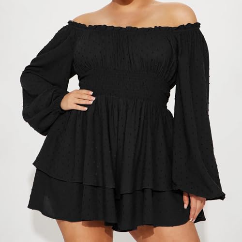 Women Plus Size Rompers Playsuits Swiss Dot Boat Neck Off Shoulder Long Sleeve Short Jumpsuits