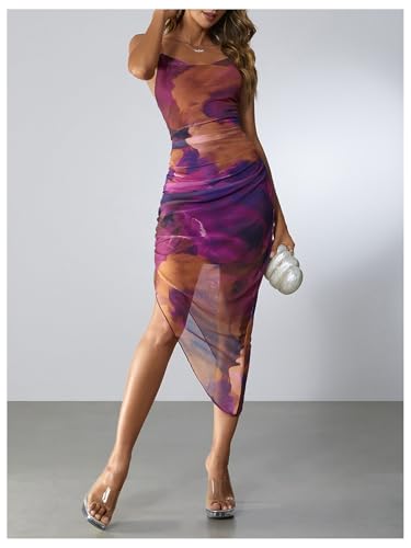Women's Tie Dye Cowl Neck Split Hem Bodycon Cami Dress Backless Long Dresses