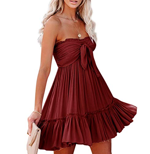 Women's Summer Cotton Boho Beach Sleeveless Tie Front Mini Dress Tube Top Dress