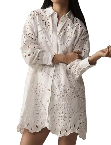 Women Eyelet Lace Dress Button Down Shirt Loose Fit Summer Casual Mini Dress