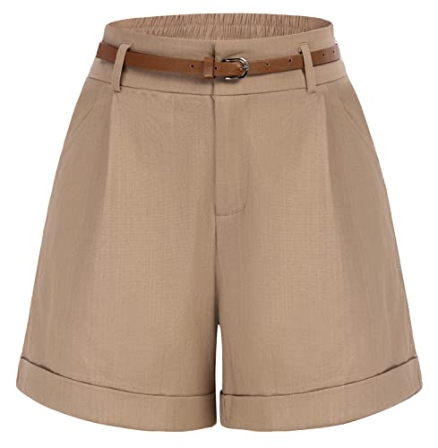 Women Bermuda Shorts Elastic Waist Wide Leg Shorts with Pockets & Belts