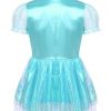 Womens Shiny Satin Maid Dress Short Puff Sleeve Frilly A-line Mini Dress Cosplay Costume