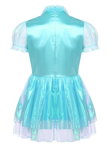 Womens Shiny Satin Maid Dress Short Puff Sleeve Frilly A-line Mini Dress Cosplay Costume