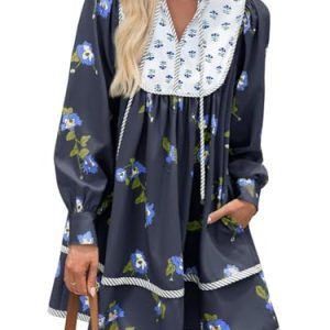 Womens Casual Floral Mini Dress 2025 Fall Long Sleeve V Neck Patchwork Loose Boho Shirt Dresses