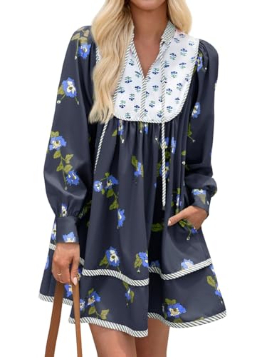 Womens Casual Floral Mini Dress 2025 Fall Long Sleeve V Neck Patchwork Loose Boho Shirt Dresses