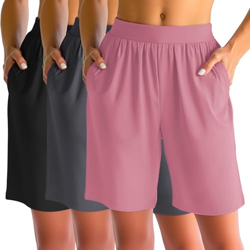 3 Pack Women's 8" Bermuda Shorts, High Waist Stretch Casual Knee Length Bottoms Summer Athletic Gym Short with Pocket
