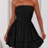 Women's 2025 Summer Strapless Tube Mini Dress Off Shoulder Smocked Ruffle A Line Flowy Short Party Club Dresses