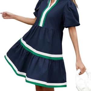 Womens Puff Sleeve Babydoll Dress V Neck Navy Blue Striped Color Block Tiered Mini Dresses