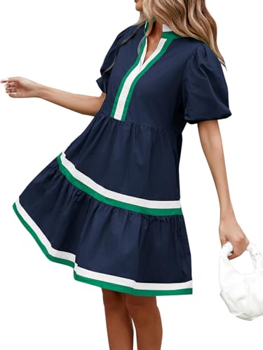 Womens Puff Sleeve Babydoll Dress V Neck Navy Blue Striped Color Block Tiered Mini Dresses