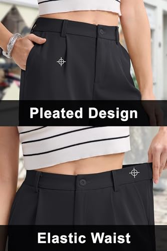 Shorts for Women Dressy Casual Summer Pleated Tailored Back Elastic Waist Trouser Shorts with Pockets