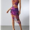 Women's Tie Dye Cowl Neck Split Hem Bodycon Cami Dress Backless Long Dresses